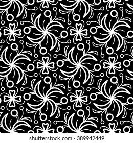  Simple floral seamless pattern. Black and white outlined flowers and crossed lines. Monochrome vector  ornament