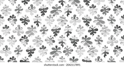 Sencillo patrón floral sin costuras. Hojas de color blanco-negro aisladas sobre fondo blanco. Fondo natural de repetición con plantas. Impresión monocromática