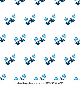 Simple floral seamless pattern. Blue flowers with dark blue leaves on white background. Textile design