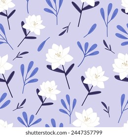 Simple floral seamless pattern in blue color. Flat vector illustration