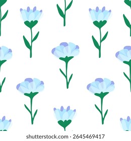 Simple floral seamless pattern. Blue flowers on green stems on white background. For fabric prints, textile products, summer clothes.