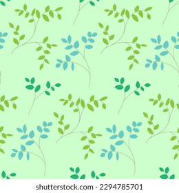 Simple floral seamless pattern. Branches with turquoise, lime, green leaves on light green background. Spring seasonal design 