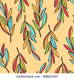 Simple floral seamless pattern. Colored branches and leaves. Vector.