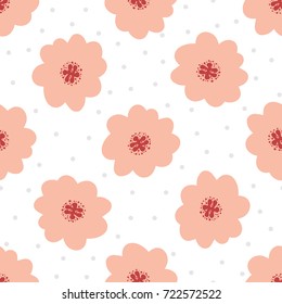 Simple floral seamless pattern. Cute flowers on background with round dots. Vector illustration.