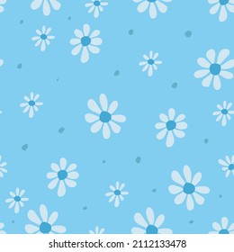 Simple floral seamless pattern with daisies and polka dot. Endless feminine print. Vector illustration