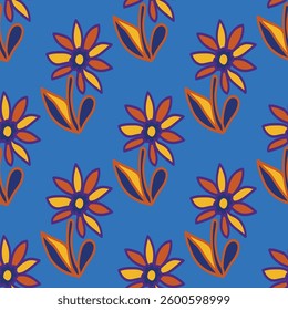Simple floral seamless pattern. Daisy flowers collection in blue color. Sketch flat drawing. Vector illustration
