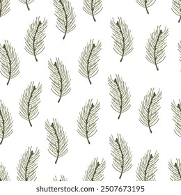 Simple floral seamless pattern with fir tree twigs. Scandi Christmas and New Year texture. Cute hand drawn vector background for apparel, packaging, wrapping paper, textile, fabric, wallpaper, gift.