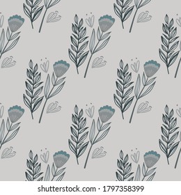 Simple floral seamless pattern with forest branch and flowers bouquet. Pale blue contoured botanic outline ornament. Great for wallpaper, textile, wrapping paper, fabric print. Vector illustration.