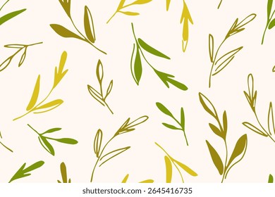 Simple floral seamless pattern. Green branches, leaves, grass on a light background. For prints of fabric, textile, packaging organic product.