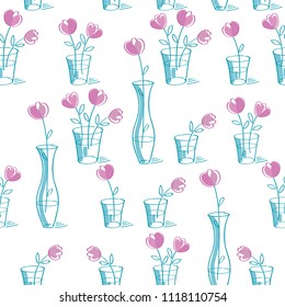 Simple floral seamless pattern with hand drawn pink flowers for textile, wallpapers, gift wrap and scrapbook. Vector illustration.