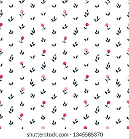 Simple floral seamless pattern with hand drawn spring flowers and leaves for textile, wallpapers, gift wrap, scrapbook. Vector.