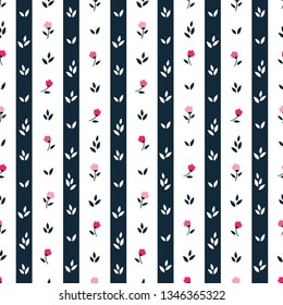 Simple floral seamless pattern with hand drawn pink flowers, leaves and stripes for textile, wallpapers, gift wrap, scrapbook. Vector.