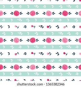 Simple floral seamless pattern with hand drawn pink flowers, leaves and stripes for textile, wallpapers, gift wrap, scrapbook. Vector.