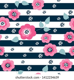 Simple floral seamless pattern with hand drawn pink flowers, leaves and stripes for textile, wallpapers, gift wrap, scrapbook. Vector.