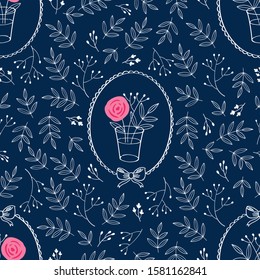 Simple floral seamless pattern with hand drawn pink flowers and leaves for textile, wallpapers, gift wrap and scrapbook. Dark blue background. Vector illustration.