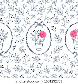 Simple floral seamless pattern with hand drawn pink flowers and leaves for textile, wallpapers, gift wrap and scrapbook. White background. Vector illustration.