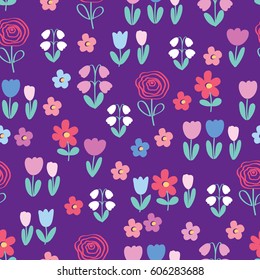Simple floral seamless pattern with hand drawn spring flowers for textile, wallpapers, gift wrap and scrapbook. Trendy colors. Purple background. Vector illustration.