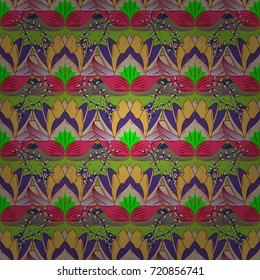 Simple floral seamless pattern with lotus flowers. Green, yellow and beige outline flowers on green, yellow and beige colors. Elegant decorative ornament for fashion print, wrapping paper, wallpaper.