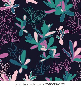 Simple floral seamless pattern. Meadow plants, leaves, leaf and small flowers. All over print. Botanical collage in modern flat liberty style. 