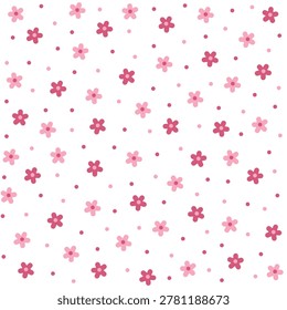 Simple floral seamless pattern with minimalist pink flowers. Hand-drawn doodle style botanical background. Vector repetitive ornament for textile, fabric, wrapping paper, and wallpaper design. Cute nature aesthetic