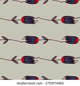 Simple floral seamless pattern with navy blue and red outline tulip flowers. Grey background. Designed for wallpaper, textile, wrapping paper, fabric print. Vector illustration.