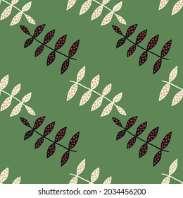 Sencillo patrón floral sin fisuras sobre fondo verde. Textura botánica. Papel de la naturaleza. Ornamento decorativo. Estilo escandinavo. Diseño para tela, impresión textil, envoltura, cubierta. Ilustración vectorial.