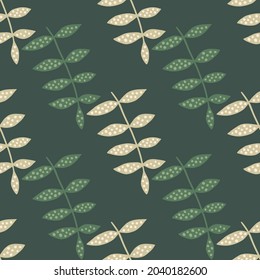 Simple floral seamless pattern on green background. Nature  organic wallpaper. Botany texture. Decorative ornament. Design for fabric, textile print, wrapping, cover. Vector illustration.