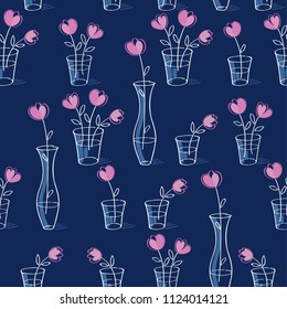 Simple floral seamless pattern with pink flowers for textile, wallpapers, gift wrap and scrapbook. Dark background. Vector illustration.