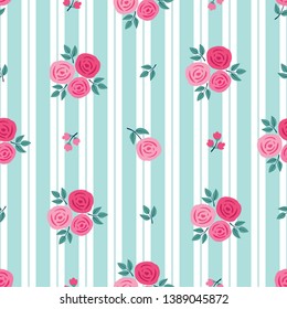 Simple floral seamless pattern with pink roses and blue stripes for textile, wallpapers, wrapping paper, scrapbook. Vector.