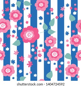 Simple floral seamless pattern with pink flowers, leaves and stripes for textile, wallpapers, gift wrap, scrapbook. Vector.