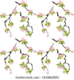 Simple floral seamless pattern. Pink flowers with green leaves on brown branches. cherry, sakura. Elegant template for fashion prints. Vector