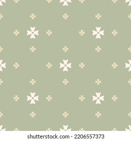 Sencillo patrón floral sin costuras. El adorno de estilo retro vintage. Elegante vectorial minimalista textura sin fisuras con pequeñas formas florales. Resumen de fondo geométrico mínimo. Color verde suave y beige
