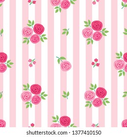 Simple floral seamless pattern with roses and pink stripes for textile, wallpapers, gift wrap, scrapbook. Vector.