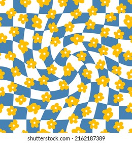 Simple floral seamless pattern with small flowers in 1970s style. Trippy checkered background for T-shirt, poster, card and print. Doodle vector illustration for decor and design.


