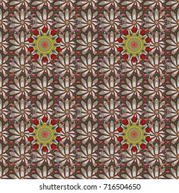 Simple floral seamless pattern with small flowers. Elegant decorative ornament for fashion print, wrapping paper, wallpaper. Vector. Green, beige and gray outline flowers on green, beige, gray colors.