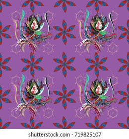 Simple floral seamless pattern with small flowers. Purple, gray and blue outline flowers on purple, gray and blue colors. Elegant decorative ornament for fashion print, scrapbook, wrapping paper.