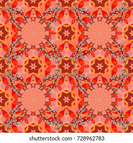 Simple floral seamless pattern with small flowers. Vector. Orange, red and pink outline flowers on orange, red and pink colors. Elegant decorative ornament for fashion print, rapping paper, wallpaper.