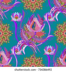Simple floral seamless pattern with small flowers. Elegant decorative ornament for fashion print, wrapping paper, wallpaper. Vector. Outline flowers on blue, violet and green colors.