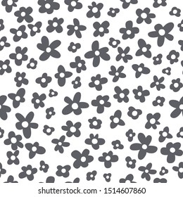 Simple floral seamless pattern. Vector black and white illustration in cartoon scandinavian style. Children's background is ideal for print, textile, baby clothes.