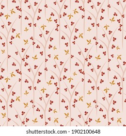Simple floral seamless pattern. Vector print texture with small flowers, leaves, branches, trees. Elegant botanical composition. Background in beige, brown and yellow color. Repeat decorative design