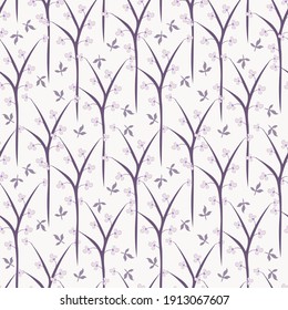 Simple floral seamless pattern. Vector print texture with small flowers, leaves, branches, trees. Elegant botanical composition. Background in purple and white tones. Repeat design for decor, print