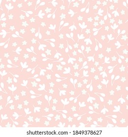 Simple floral seamless pattern with white flowers and leaves on pink background. Ideal for textile, fabrics, packaging and wallpapers.