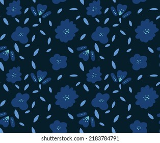 Simple floral seamless patterns. Daisy flowers collection in blue color. Sketch flat drawing. Botanical collage in modern trendy style.