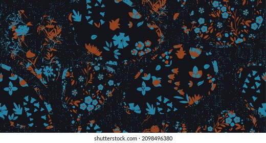 Simple floral seamless patterns. Meadow plants, leaves, leaf and small daisy flowers collection. All over print. Botanical collage in modern flat style. Floral silhouettes. Summer motif.
