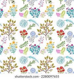 simple floral seamless patterns. Meadow plants, leaves, leaf and small daisy flowers collection. All over print. Botanical collage in modern flat liberty style. Floral silhouettes. Summer motif