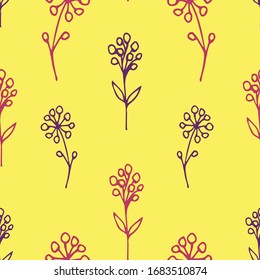 Simple floral seamless vector pattern. Hand-drawn pink, purple outline of flowers, twigs on a bright yellow background. For prints of fabrics, textile products, wrapping paper.