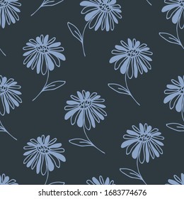 Simple Floral Seamless Vector Pattern. Sky Blue Silhouette, Outline Daisy Flowers On A Dark Blue-green Background.  
