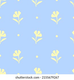 Simple floral seamless vector pattern. Yellow flowers, dots on a light blue background. For fabric prints, textiles, clothes. Spring-summer collection.