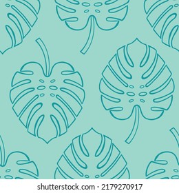 Simple floral seamless vector pattern with dark retro blue outlines of monstera leaves on a plain vintage blue background.