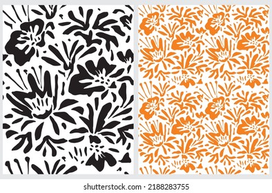 Simple Floral Seamless Vector Pattern with Abstract Hand Drawn Black and Orange Flowers isolated on a White Background. Abstract Garden Repeatable Print ideal for Fabric, Textile. 